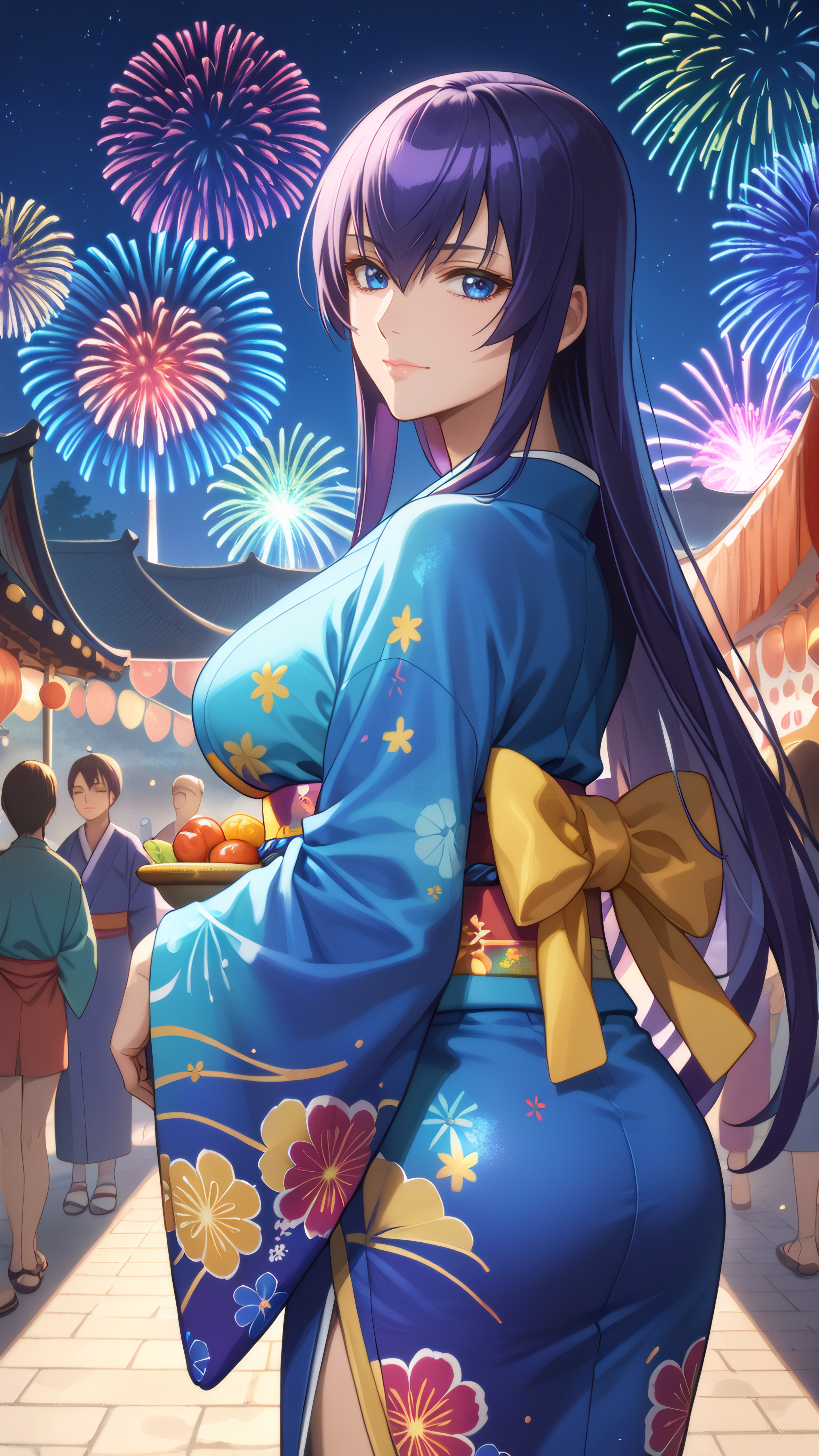 score_9, score_8_up, score_7_up, 1girl, looking at viewer, cowboy shot, 
<lora:Saeko_Busujima_Dwnsty_r1:0.8>, saeko_busujima, purple hair,  blue eyes, long hair, hair between eyes, japanese clothes, multicolored kimono, obi, sash, blue kimono, wide sleeves,
lips, light smile, expressionless, large breasts, closed eyes, happy, 
outdoors, from behind, back, summer festival, festival, fireworks, starry sky,