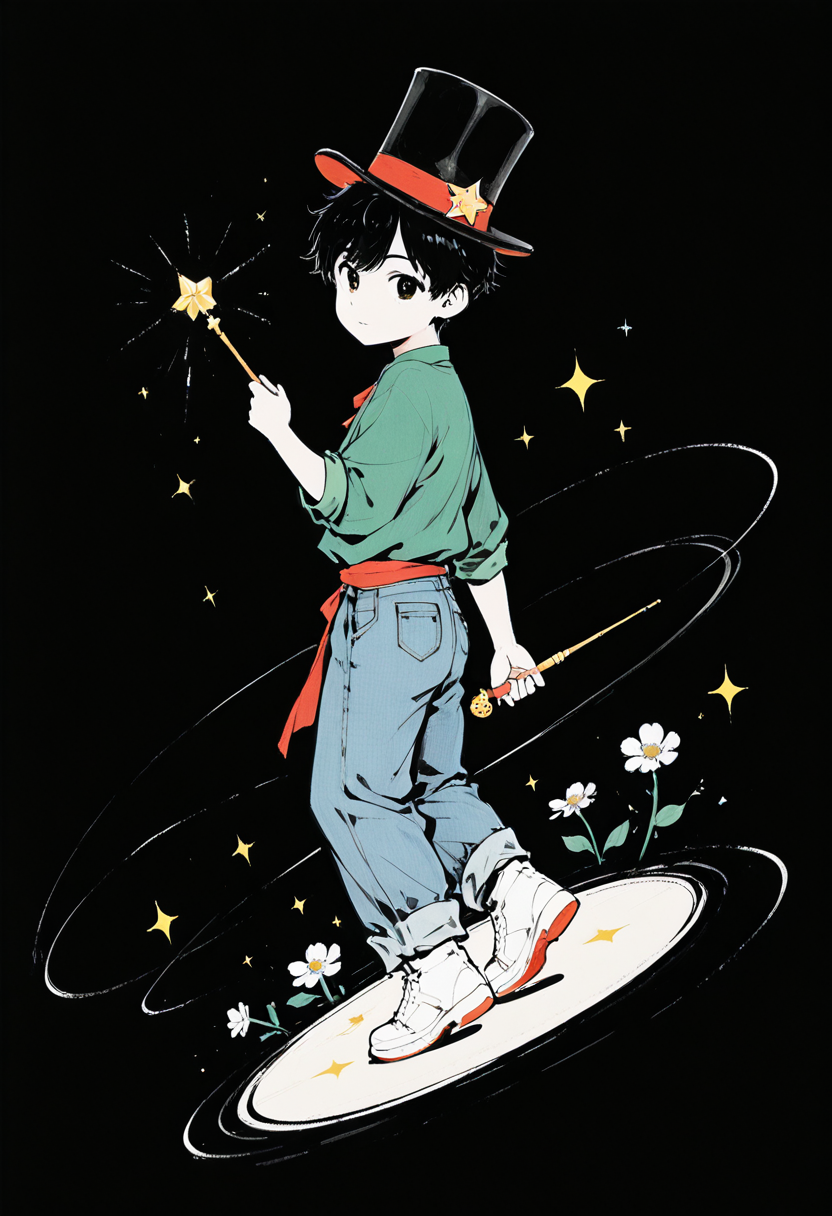 1boy, solo, young boy, looking at viewer, green shirt, jeans, short hair, 20-yo boy, chibi, hand up, spinning, white footwear, top hat, holding wand, from side, sparkle, darkness, high contrast, heart, star \(symbol\), pedals, falling pedals, flower,  black hair,
BREAK
best quality, masterpiece, very aesthetic, absurdres, highest detailed, very awa, detailed background, <lora:Ink_wash_painting_style_v2.0:0.8>