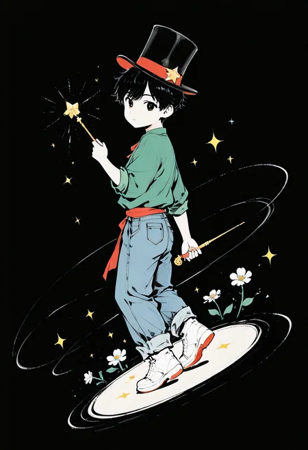 1boy, solo, young boy, looking at viewer, green shirt, jeans, short hair, 20-yo boy, chibi, hand up, spinning, white footwear, top hat, holding wand, from side, sparkle, darkness, high contrast, heart, star \(symbol\), pedals, falling pedals, flower, black hair,
BREAK
best quality, masterpiece, very aesthetic, absurdres, highest detailed, very awa, detailed background, <lora:Ink_wash_painting_style_v2.0:0.8>