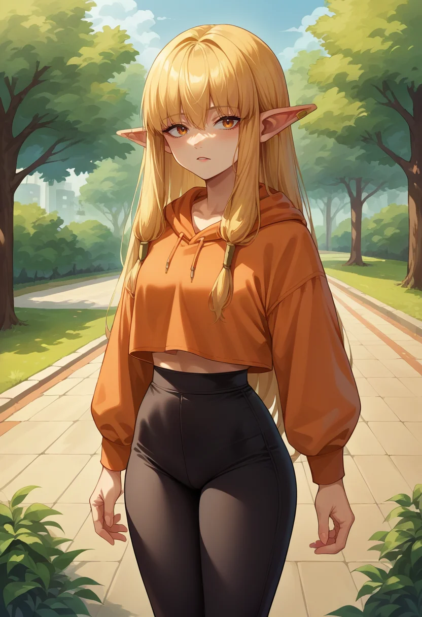 score_9, score_8_up, source_anime, 1girl, solo, Serie, long hair, hair tubes, ear bar, outdoors, park, orange hoodie, high-waist pants, yoga pants, black pants, light blush, <lora:ChamSeriePonyXL:1>