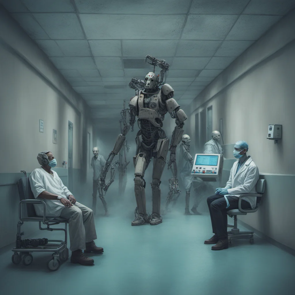 apocalyptic men in a hospital with robot doctor <lora:Apocalyptic:1>