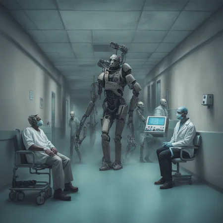 apocalyptic men in a hospital with robot doctor <lora:Apocalyptic:1>