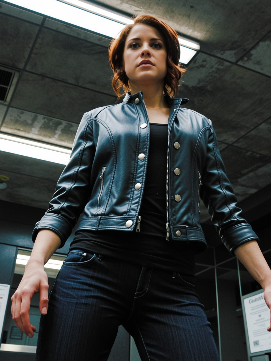 <lora:dmd2_sdxl_4step_lora_fp16:1>(solo,solo focus:1.2),science fiction,dark office,lonely,
<lora:Jasse_Faden_v6_biglust:0.95>woman,jasfdn face,jas hair,clothed,
denim pants,jacket,from below