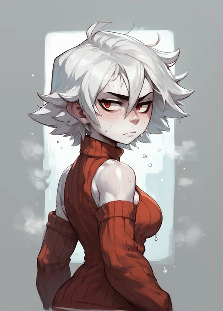 white skins, spiky red short tomboy hair, neutral expression, tight sweater, <lora:NAHIRI:1> nahiri, 1girl, solo, short hair, breasts, bare shoulders, white hair, colored skin, side boob, sweaty, underbob <lora:Huffslove_Style_PonyXL:1> shortstack, source_anime, score_9_up, score_7_up, score_8_up