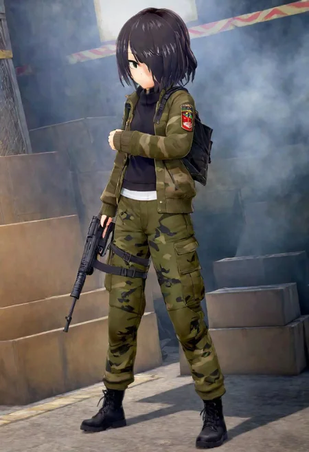 <lora:Sana_Sakakibara:.7>,soldier,cargo pants,camo jacket,(angry determination),shooting a shoulder bazooka