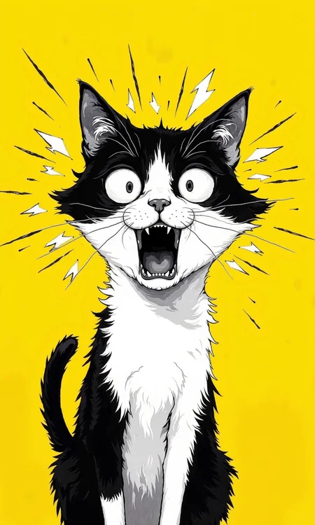 A black and white illustration of a cat, set against a bright, solid yellow background.
The cat is depicted in a style reminiscent of cartoon or comic book art, with thick, expressive lines. Its eyes are wide, and its mouth is open in a surprised or frightened expression. The cat's face shows intense emotion. Dark, bold lines form the cat's ears, which are pointed and stand slightly away from the head.
The cat's fur is represented with varied line weights, suggesting texture and form.
The yellow background is a vibrant, almost fluorescent shade, drawing the eye to the cat's expressive face. A radiating pattern of lines, suggestive of an explosion or a burst of energy, emanates from around the cat's head. These lines add to the sense of surprise or excitement. The cat's body is mostly white, with black markings which include its ears, tail and parts around the head. The tail runs down the left side of the image.
<lora:FLUX-daubrez-DB4RZ-v2:1> DB4RZ, DB4RZ style painting