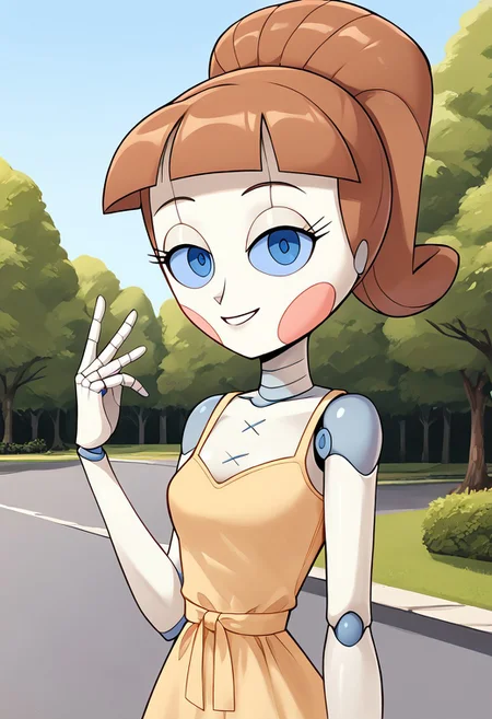 1girl, score_9, score_8_up, score_7_up, Molly, Brown Hair, Ponytail, Bangs, Blue Eyes, Yellow sun dress, Blush Stickers, Lowered Eyelids, Android, Joints outdoors, park, sassy smile, looking at viewer, wholesome, detailed, masterpiece, perfect hands