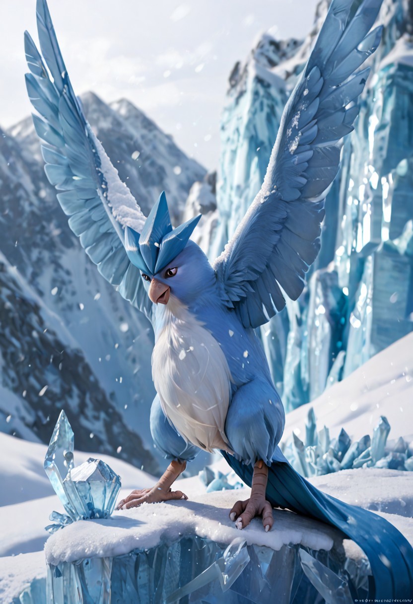 score_9, score_8_up, score_7_up, score_6_up, score_5_up, score_4_up, BREAK, solo, articuno, pokemon (creature), furry, avian, bird, blue feathers, wings, ice, snow, realistic