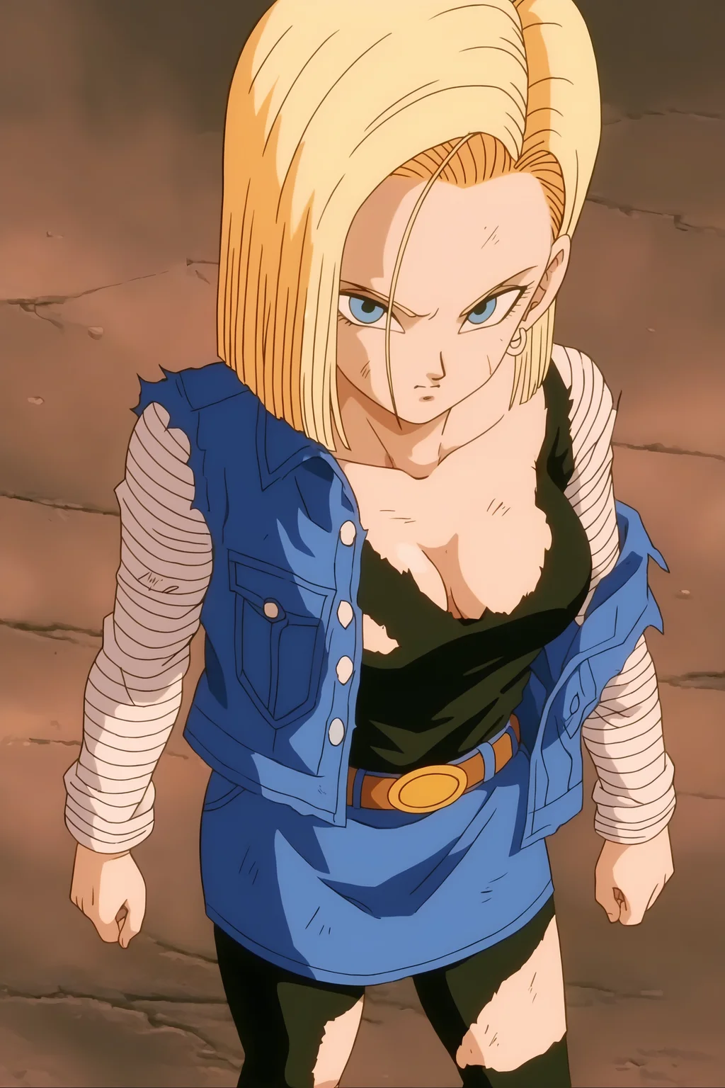 source_anime, score_9, score_8_up, score_7_up, anime screencap, absurdres,
android 18, android saga, classic outfit, 1990s \(style\), anime coloring, retro artstyle, 1girl, solo, breasts, looking at viewer, short hair, blue eyes, blue skirt, blonde hair, black shirt, cleavage, medium breasts, open jacket, pantyhose, boots, belt, torn clothes, brown footwear, denim, torn pantyhose, torn shirt, dirty, blue jacket, clothes pull, collarbone, denim jacket, denim skirt, from above, off shoulder, long sleeves, rock, sleeveless jacket, single bare shoulder, torn jacket, striped sleeves, v-shaped eyes, v-shaped eyebrows, white sleeves, black legwear
<lora:c18_v1:0.8>