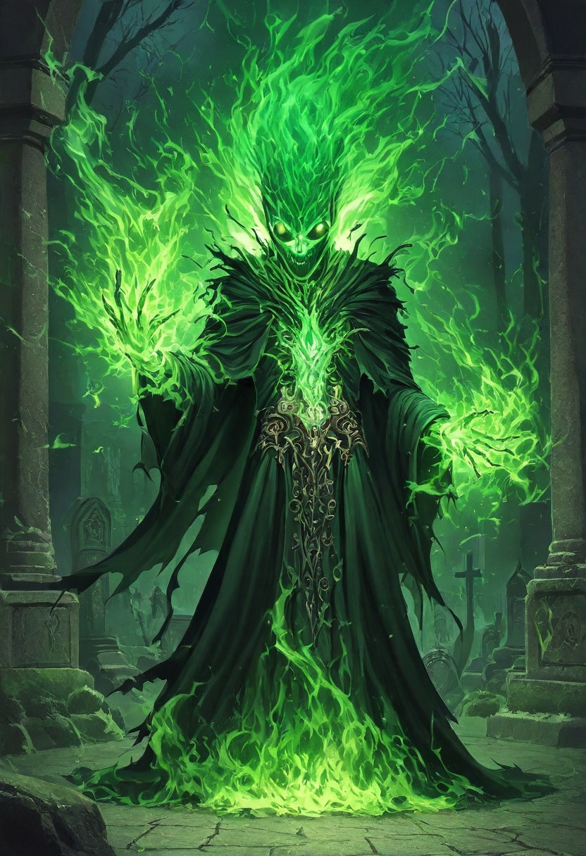 Masterpiece, best quality, highest detail, absurdres, solo, mage, necromancer, face on fire, green flame, intricate robe, green effects, casting spell, cemetery background, detailed background