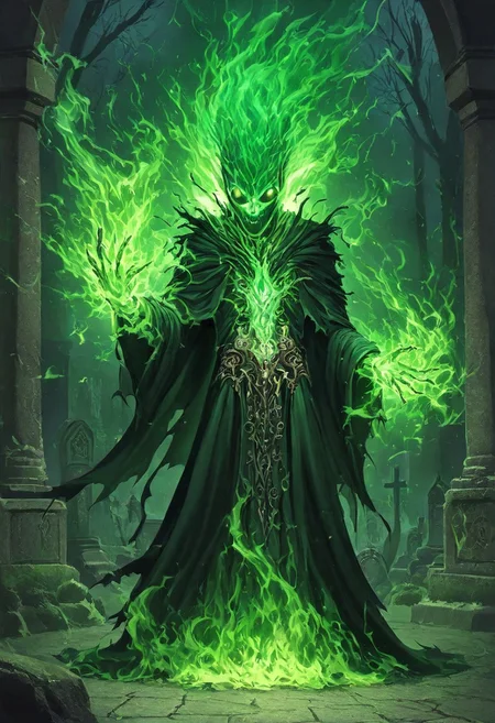 Masterpiece, best quality, highest detail, absurdres, solo, mage, necromancer, face on fire, green flame, intricate robe, green effects, casting spell, cemetery background, detailed background