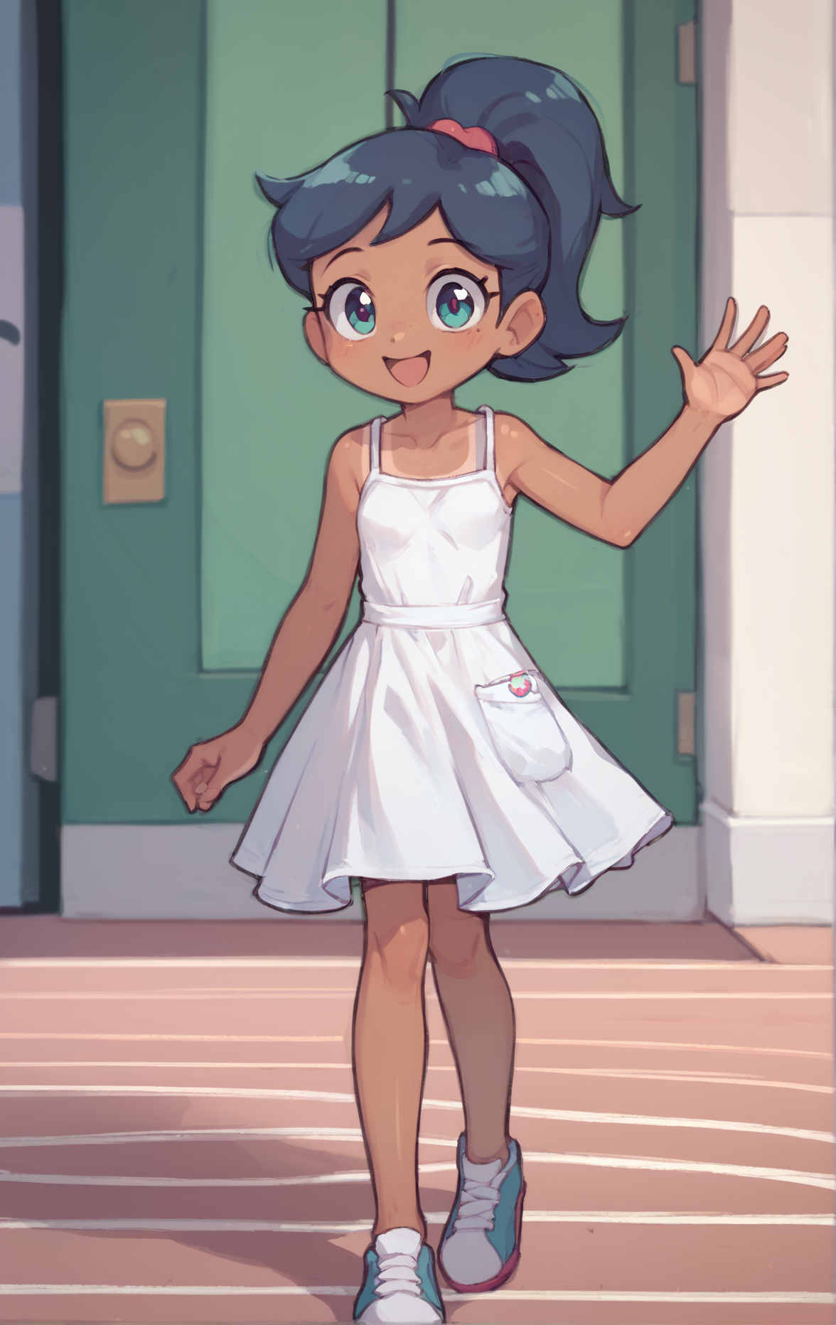 masterpiece, high quality, score_9, score_8_up, 1girl, solo, yepmelon, handfixer, good hand, standing, waving, ((cute)), ponytail sundress, tan skin, ,  <lora:HandFixer_pdxl_Incrs_v1:0.7>,<lora:ALTXL_pony_0061_8:1>,<lora:Yep_Melon_Style:1>