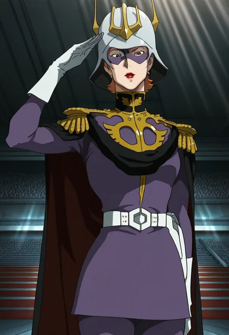 masterpiece, best quality, good quality, <lora:GOKycilia:1>, GOKycilia, 1girl, solo, orange hair, red eyes, lipstick, earrings, helmet, mask,
purple zeon military uniform, white belt, cape, capelet, white gloves,
looking at viewer, light rays, salute,
BREAK indoors, auditorium,
