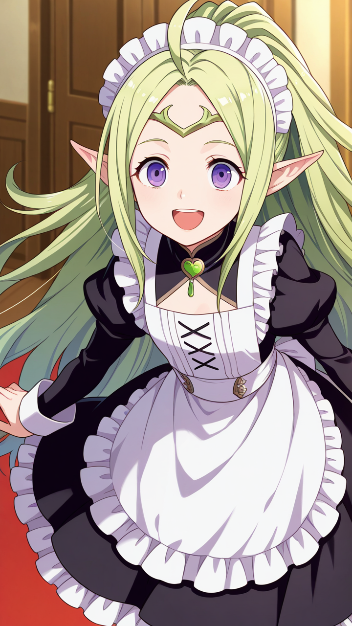 solo, smile, open mouth,, masterpiece, best quality, amazing quality, very aesthetic, absurdres, newest, anime screencap, <lora:nowiILM:1>, nowi (fire emblem), green hair, blonde hair, long hair, very long hair, parted bangs, purple eyes, ahoge, pointy ears, ponytail, high ponytail, tiara, circlet, sidelocks, gradient hair,, maid, maid apron, frills, frilled dress, black dress, maid headdress, modern house,