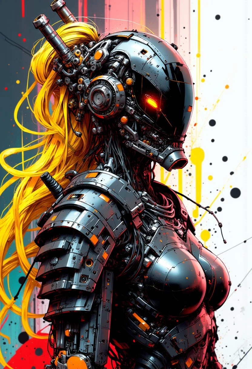nvinkpunk, mythp0rt, cyberpunk robot samurai woman, robot face with mirrored face shield, hyperdetailed helmet, flowing neon yellow hair, reflective black and red armor, robot joints, body made of metals, cables and wires, a katana strapped to her back, abstractgradient background