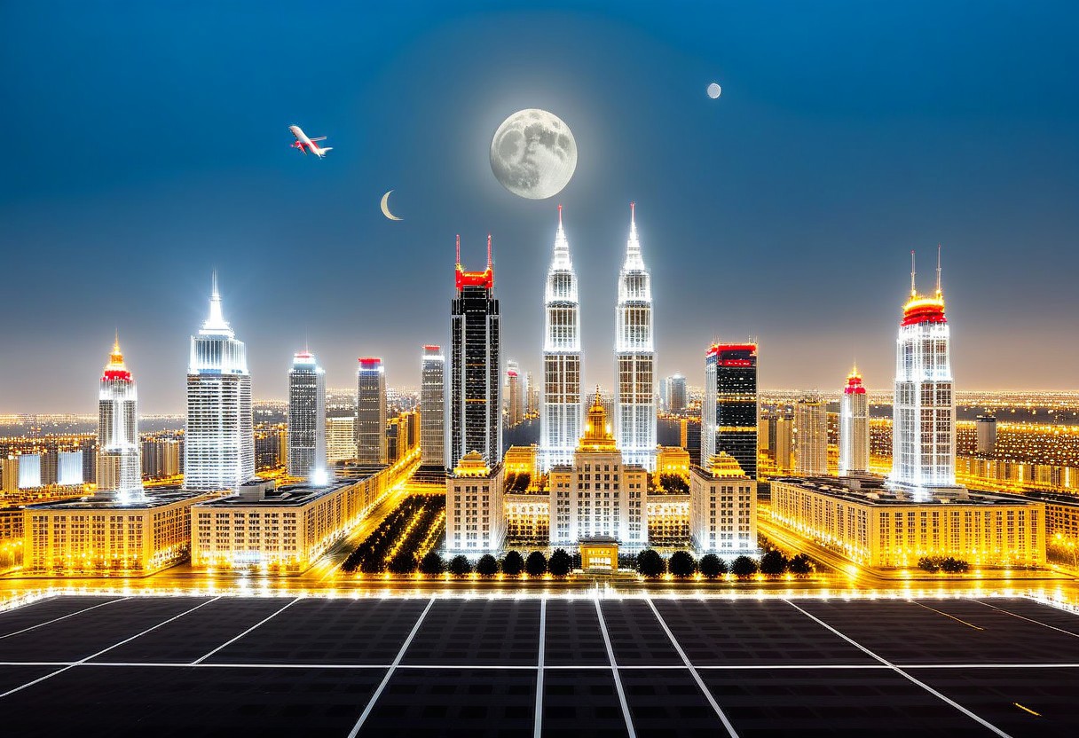 a group of golden square-shaped ornaments on black ground surrounded by gray lines, and gray ornaments with rectangular lines; light bluish gray-light skyscrapers sometimes with a light greenish tint with frequent square windows, above two skyscrapers a red diode warning aircraft; with a dark gray sky and a light gray sky illuminated by a bright white-blue moon,