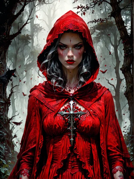 Little Red Riding Hood in Wolf's Skin, CG feel, contrast, dark fairy tale, vintage, fantasy, grotesque aesthetic, spiritual dream, moody aesthetic, minimalist, high class, fine details and light, surreal portraiture, precise composition, high definition, glaring eyes, overall red tones, strong sense of atmosphere, diffuse, dynamic, mysterious light, high end poster design, grainy, floating gray hairs <lora:zavy-cntrst-sdxl:1.0>