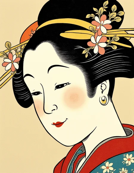 Ukiyo-e style by Hokusai, a whimsical portrait of a woman with a gentle smile, her hair adorned with flowers