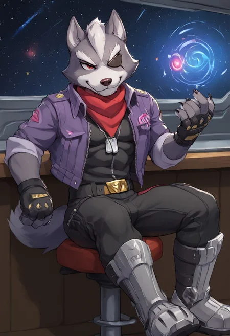 score_9, score_8_up, score_7_up, muscles, Masterpiece, Best Quality, sz4d3k, Expressiveh, detailed eyes, anthro, furry male, furry, DILF, toned male, adult, mature male, broad shoulders, stubble, muscular, dim lighting,
Wolf O'Donnell, Red Eye, wolf boy, wolf, Wolf O'Donnell, Red Eye, Right Eyepatch, Pink Kerchief, Purple Sleeveless Jacket, Black Bodysuit, Purple Fingerless Gloves, Metal Boots, Gold Buckle
Fox mccloud, 
inside, space, bar, starfox, grey fur, smile, random view, random angle, anthro only, furry only, dominant, domination, dominating, big dom small sub, dynamic characters, 1male,  solo, solo male,military tag, dog tag,
bar stools, sitting, chatting, talking, 1boy, 1male,