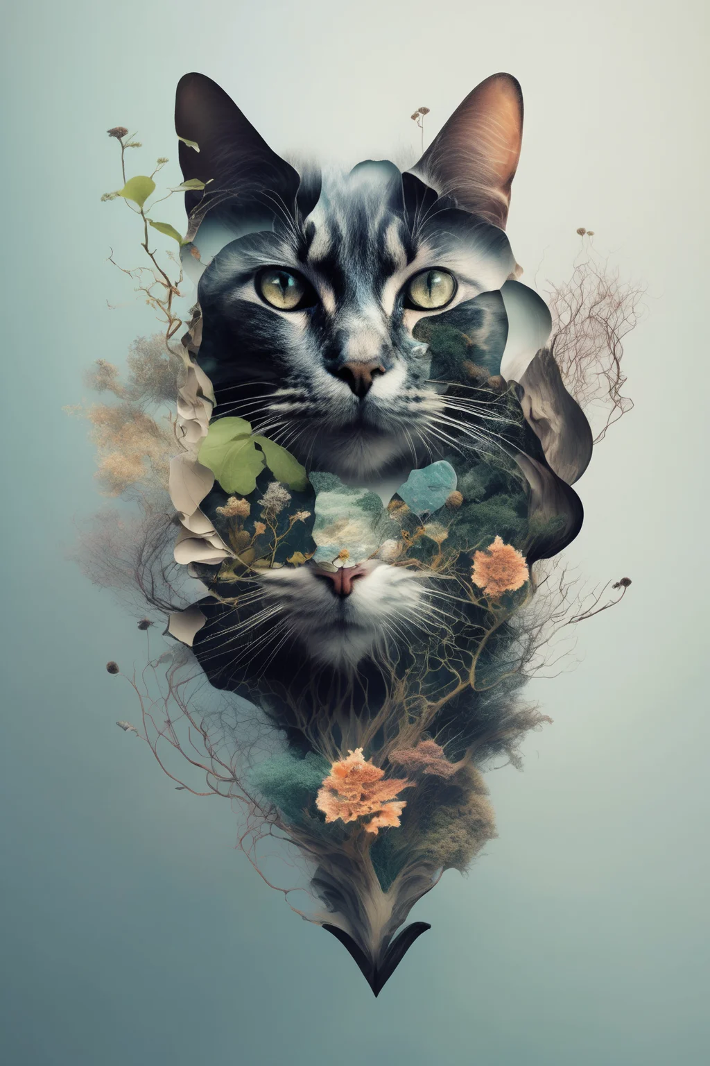 <lora:Surreal Harmony:1>Surreal Harmony - a digital collage of a cat's head with elements of nature intertwined.