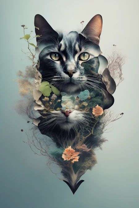 <lora:Surreal Harmony:1>Surreal Harmony - a digital collage of a cat's head with elements of nature intertwined.