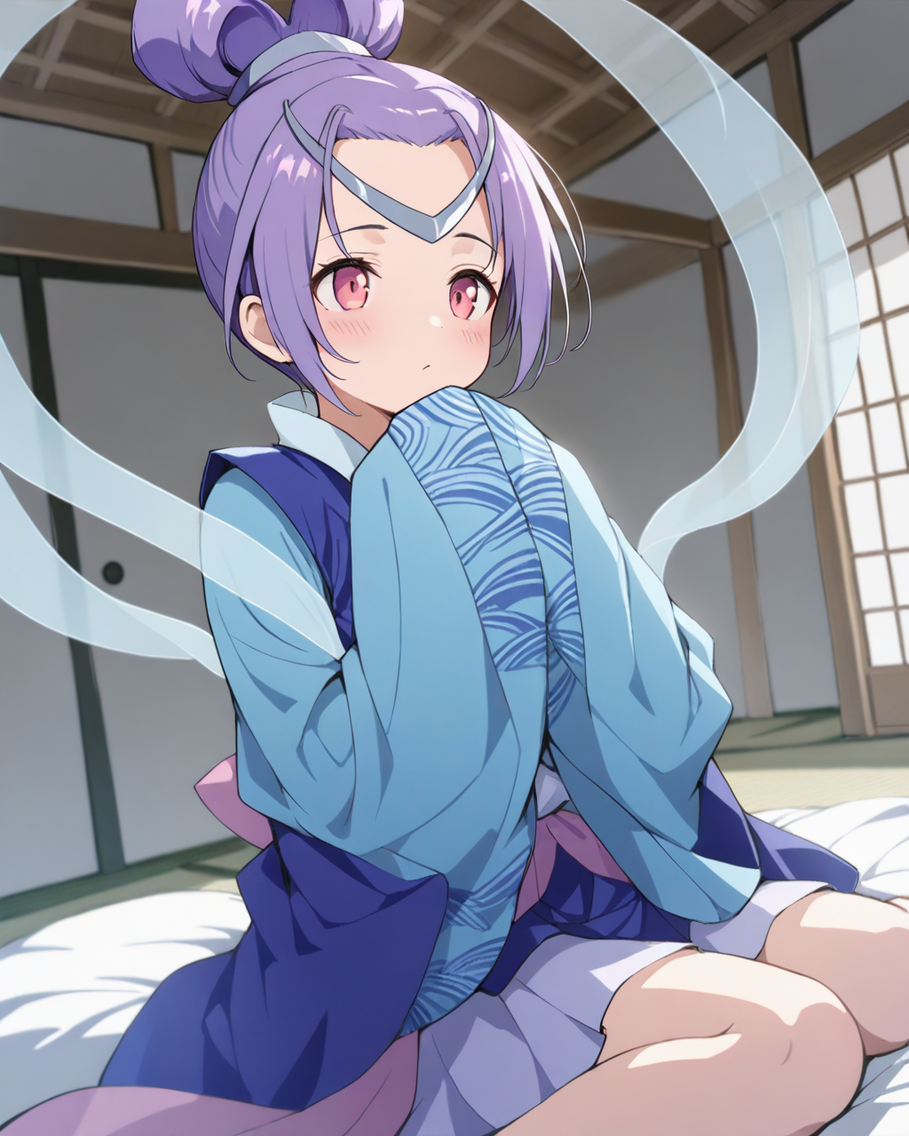 1girl,
AshikiriSyakoOreshika,
safe, solo, dutch angle,
short girl, circlet, japanese clothes,
hands in opposite sleeves, 
hagoromo, wariza, futon,
east asian architecture, 
depth of field,
<lora:kp_AshikiriSyakoOreshikaAnimagineXL_v1_0:1.0>
masterpiece, high score, great score, absurdres