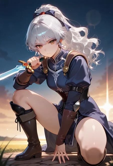 Sabrina, 1girl, solo, 31yo, silver hair, wavy hair, long hair, bangs, brown eyes, slant eyes, light particles, lens-flare, cinematic lighting, depth of field, (sharp edge), (muscle:0.5) skirt, medieval outfits, crouching meadow, holding dagger, , standing on own 1knee, knee up, boots, ponytail, ribbon, high gradient eyes, high gradient eyes, eyesHD, jewelry eyes, eyelashes score_9, score_8_up, score_7_up, perfect hand,