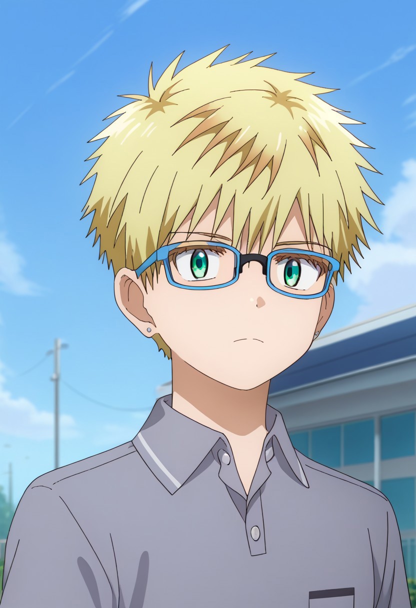 score_9, score_7_up, source_anime
RiohSonidori, 1boy, male focus, solo, green eyes, glasses, blonde hair, jewelry, earrings, polo shirt, grey shirt, 
outdoor, sky