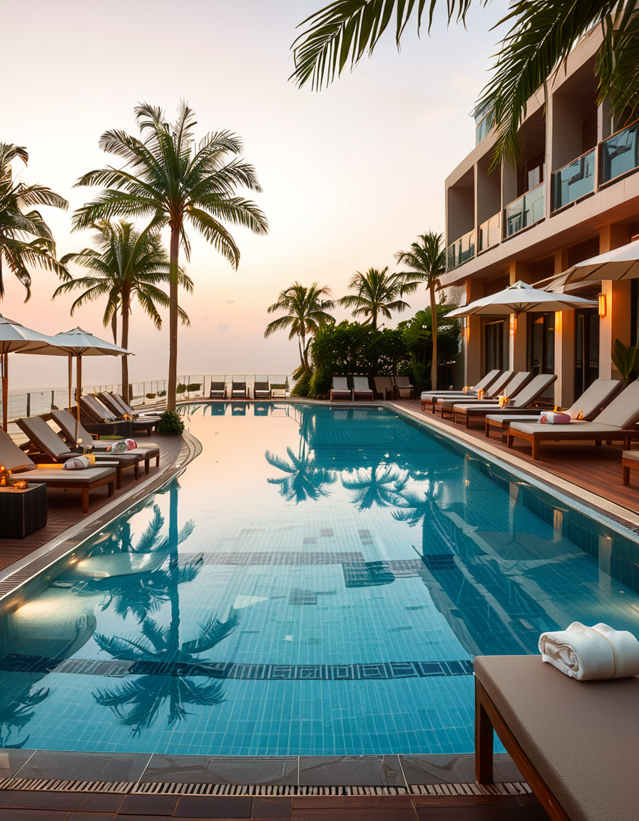 A luxurious hotel swimming pool at sunset, surrounded by elegant lounge chairs and palm trees. The crystal-clear water reflects the warm hues of the sky, creating a serene and inviting atmosphere. The pool has an infinity edge overlooking a breathtaking ocean view, with soft ambient lighting enhancing the tranquil mood. The surrounding area is immaculately maintained, with neatly arranged sunbeds, stylish umbrellas, and a sleek modern poolside bar in the background. The scene is captured in ultra-high resolution, with photorealistic details emphasizing the shimmering water, the textures of the pool tiles, and the gentle movement of palm leaves in the evening breeze.
<lora:SDXLFaeTastic2400:0.4> <lora:extremely_detailed:0.4> extremely detailed, <lora:hotel_sw1mm1ng_p00l:1>,hotel sw1mm1ng p00l, Masterpiece,best quality,hi res,8k,hi res,8k,award winning,(sharp focus, intricate, highly detailed),