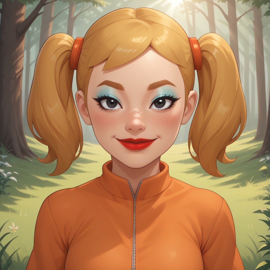 score_9, score_8, BREAK, solo, mii, wii, wii sports, 1girl, female mii, cute, attractive, blonde hair, twintails, dark blonde eyebrows, makeup, blush, blue eyeshadow, red lips, lipstick, orange clothing, white pants, breasts, Nintendo Mii, modern_mii, classic_mii, Midoriya_(OC_Mii), black eyes sexy pose, smile, outdoors, sunlight, shadows, evening lighting, natural lighting, forest, trees, grass, orange sky, sunset