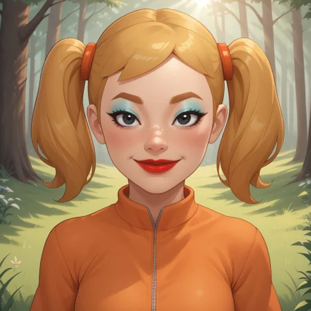 score_9, score_8, BREAK, solo, mii, wii, wii sports, 1girl, female mii, cute, attractive, blonde hair, twintails, dark blonde eyebrows, makeup, blush, blue eyeshadow, red lips, lipstick, orange clothing, white pants, breasts, Nintendo Mii, modern_mii, classic_mii, Midoriya_(OC_Mii), black eyes sexy pose, smile, outdoors, sunlight, shadows, evening lighting, natural lighting, forest, trees, grass, orange sky, sunset