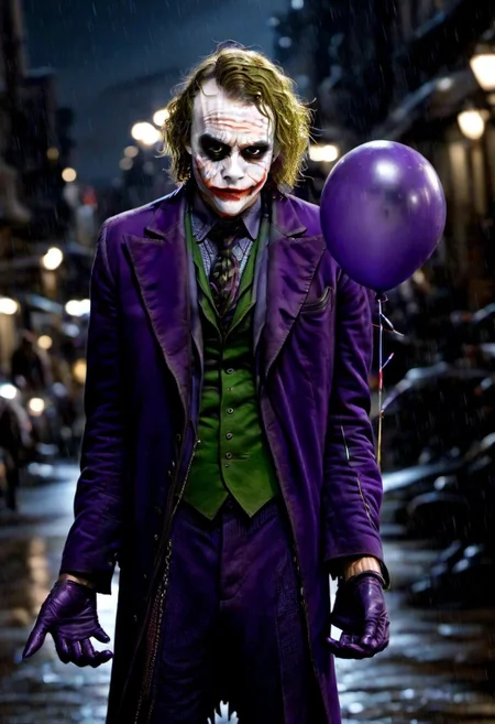 <lora:PE_Joker_DarkKnight:0.8> PEJoker, joker,
holding a bunch of balloons, heary rain, street, at night,
masterpiece, high resolution, octance 4k, high detail,
professional photo, cinematic,