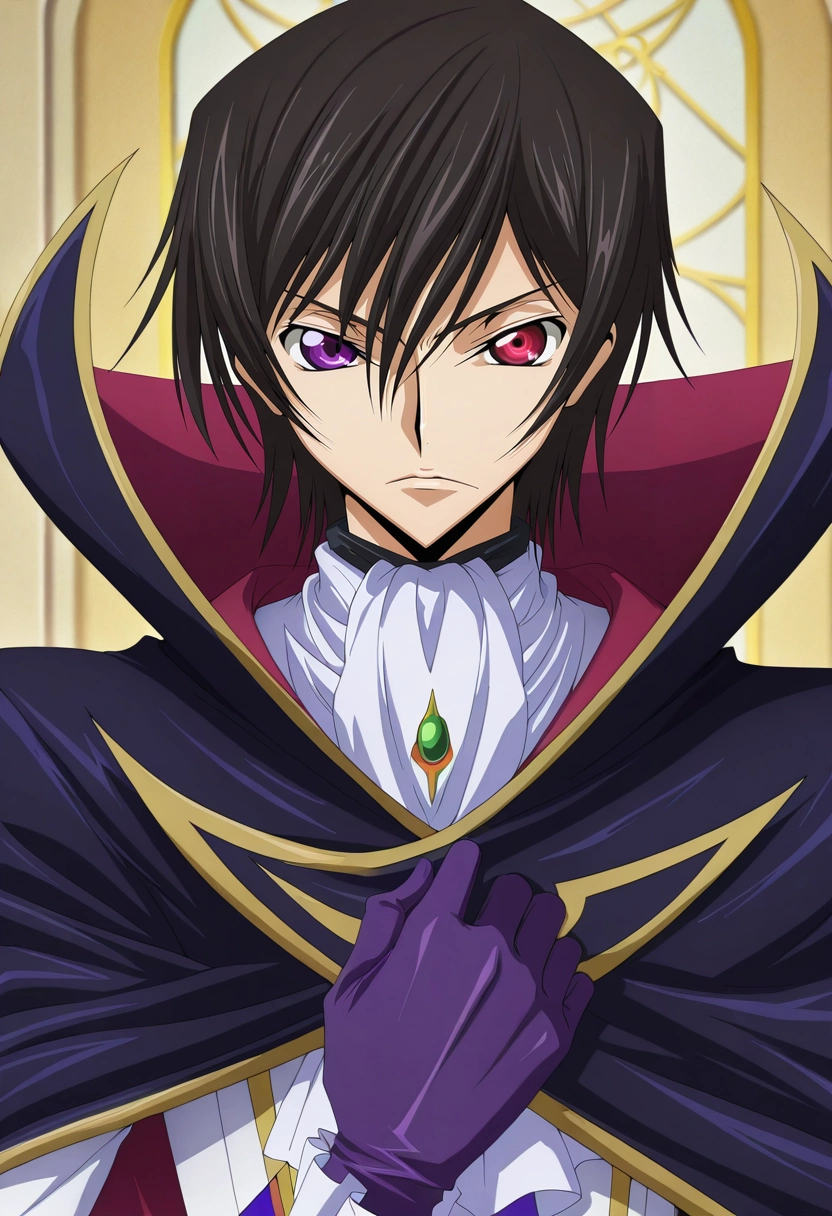 masterpiece, best quality, intricate details, anime screencap, anime coloring, official style, looking at viewer, 1boy, solo, male focus, <lora:lelouch_lamperouge_ilxl:0.94>, lelouch_lamperouge, black hair, purple eyes, hair between eyes, bangs, short hair, heterochromia, red eyes, cape, ascot, gloves, , ,