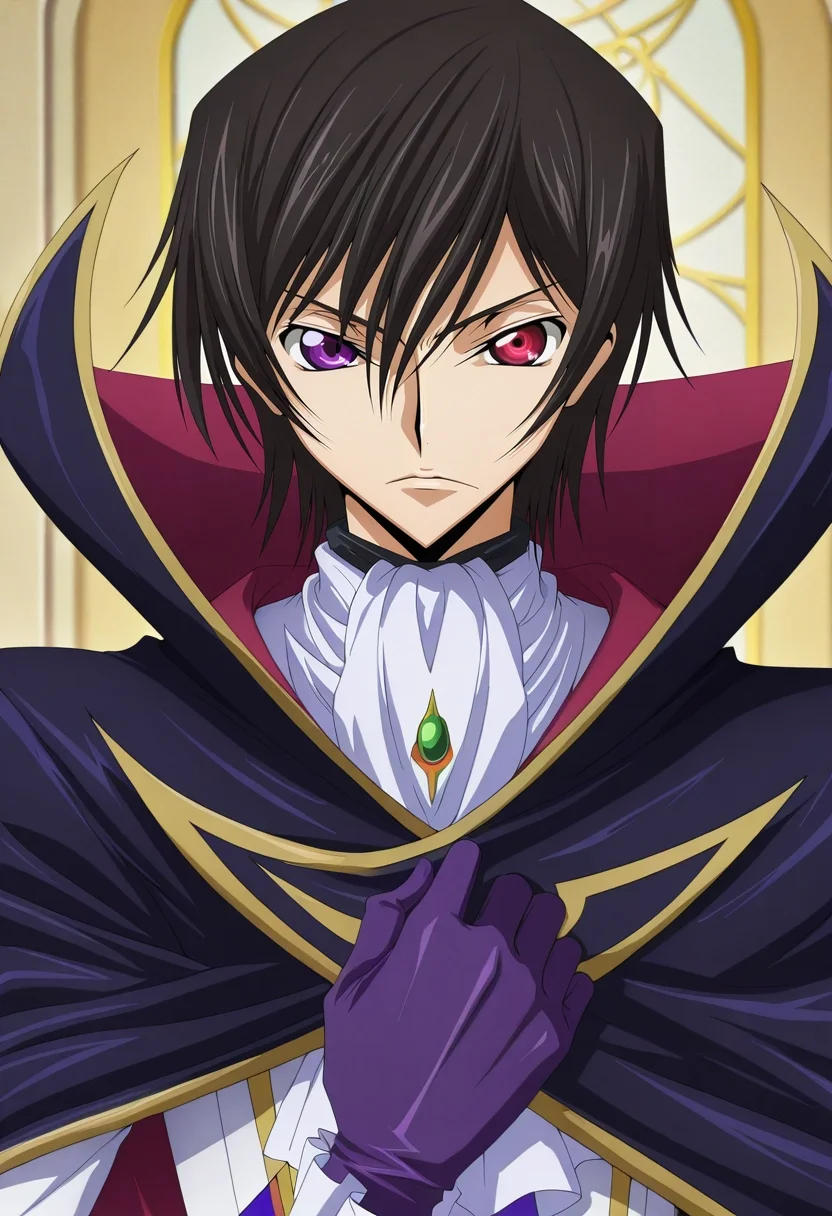 masterpiece, best quality, intricate details, anime screencap, anime coloring, official style, looking at viewer, 1boy, solo, male focus, <lora:lelouch_lamperouge_ilxl:0.94>, lelouch_lamperouge, black hair, purple eyes, hair between eyes, bangs, short hair, heterochromia, red eyes, cape, ascot, gloves, , ,