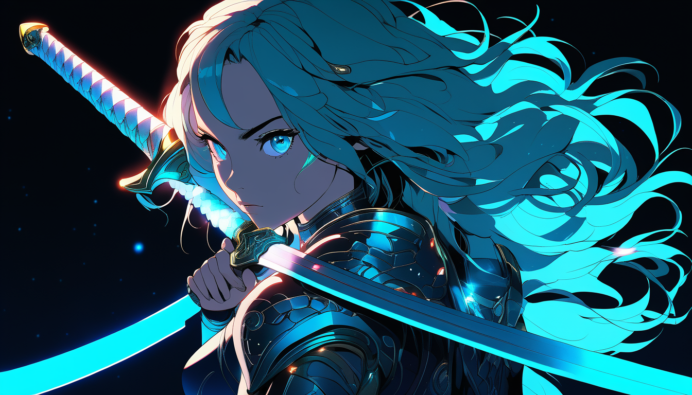 sword focus, masterpiece, best quality, 1girl, solo, futuristic, holding sword, intricate, over the shoulder, looking at viewer, black background, simple background, glow in the dark, sci-fi, multicolored hair, aqua eyes, warrior