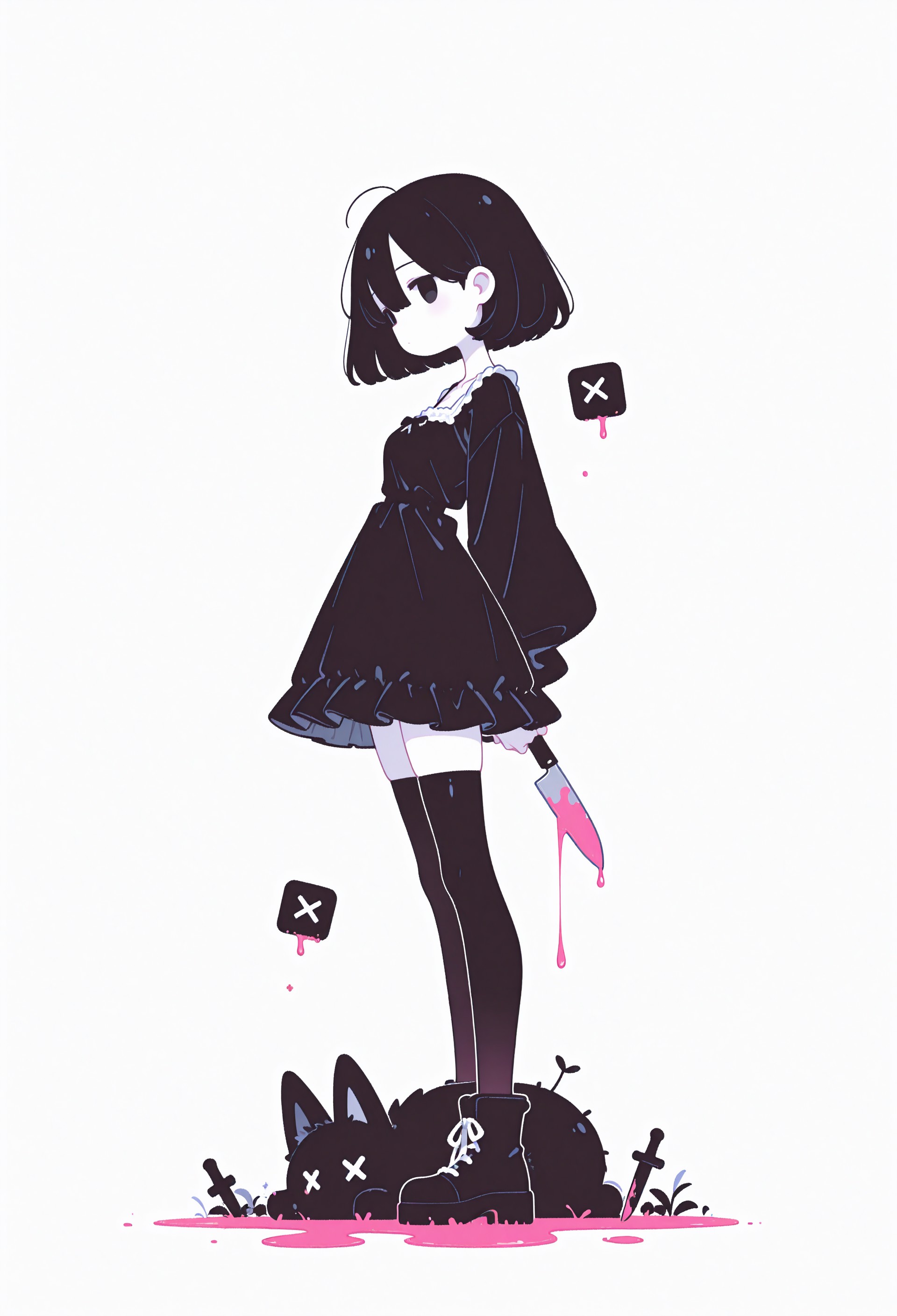 incredibly absurdres, highres, masterpiece, newest,best quality, very aesthetic, absurdres, newest, 8k, HDR, focused subject, oc-chan_(ketopon), 1girl, solo, black hair, bob cut, hair between eyes, black eyes, solid eyes, expressionless, standing, head down, from side, profile, foreshortening, looking at viewer, arms behind back, pale skin, goth fashion, frilled dress, square neckline, black thighhighs, zettai ryouiki, ankle boots, stuffed animal, knife stuck in animal, x x, dead animal, death, pink blood puddle, full body, monochrome, solid white background, no lineart, no outline,minimalism, blending, 15546+456868, r17329_illu,flatline,sometyome_illu,