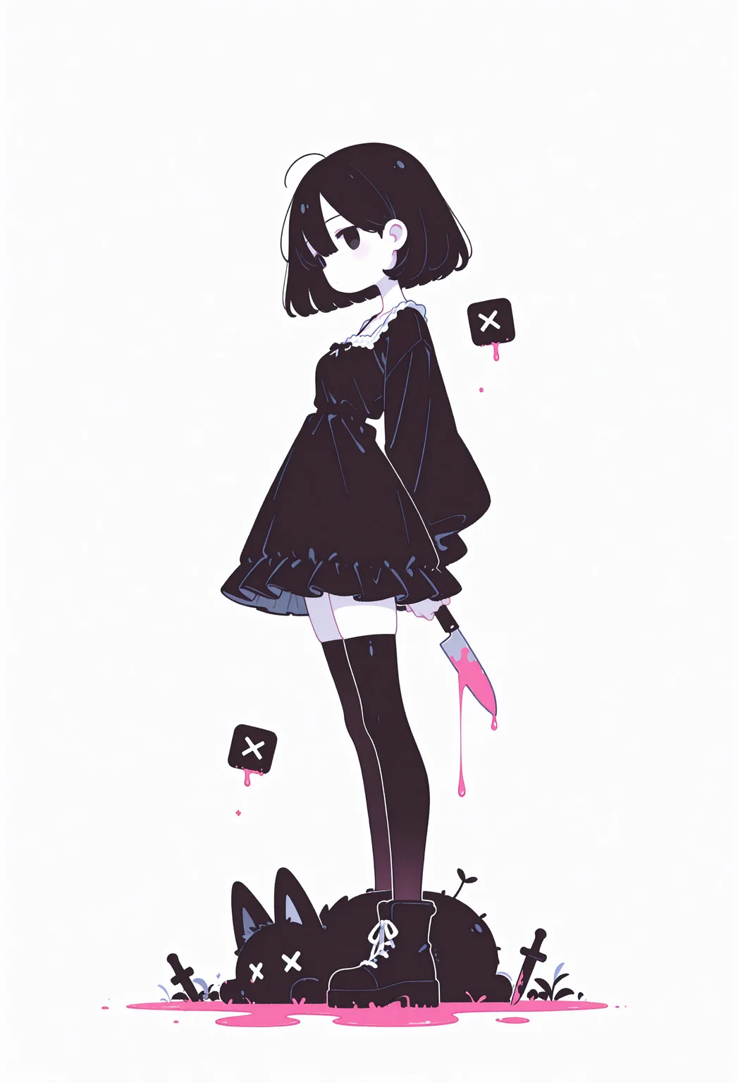incredibly absurdres, highres, masterpiece, newest,best quality, very aesthetic, absurdres, newest, 8k, HDR, focused subject, oc-chan_(ketopon), 1girl, solo, black hair, bob cut, hair between eyes, black eyes, solid eyes, expressionless, standing, head down, from side, profile, foreshortening, looking at viewer, arms behind back, pale skin, goth fashion, frilled dress, square neckline, black thighhighs, zettai ryouiki, ankle boots, stuffed animal, knife stuck in animal, x x, dead animal, death, pink blood puddle, full body, monochrome, solid white background, no lineart, no outline,minimalism, blending, 15546+456868, r17329_illu,flatline,sometyome_illu,