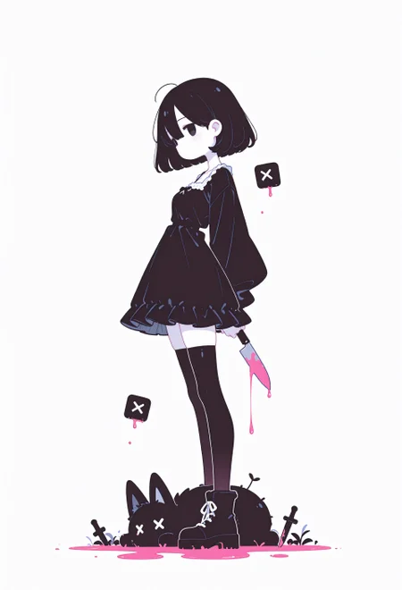 incredibly absurdres, highres, masterpiece, newest,best quality, very aesthetic, absurdres, newest, 8k, HDR, focused subject, oc-chan_(ketopon), 1girl, solo, black hair, bob cut, hair between eyes, black eyes, solid eyes, expressionless, standing, head down, from side, profile, foreshortening, looking at viewer, arms behind back, pale skin, goth fashion, frilled dress, square neckline, black thighhighs, zettai ryouiki, ankle boots, stuffed animal, knife stuck in animal, x x, dead animal, death, pink blood puddle, full body, monochrome, solid white background, no lineart, no outline,minimalism, blending, 15546+456868, r17329_illu,flatline,sometyome_illu,