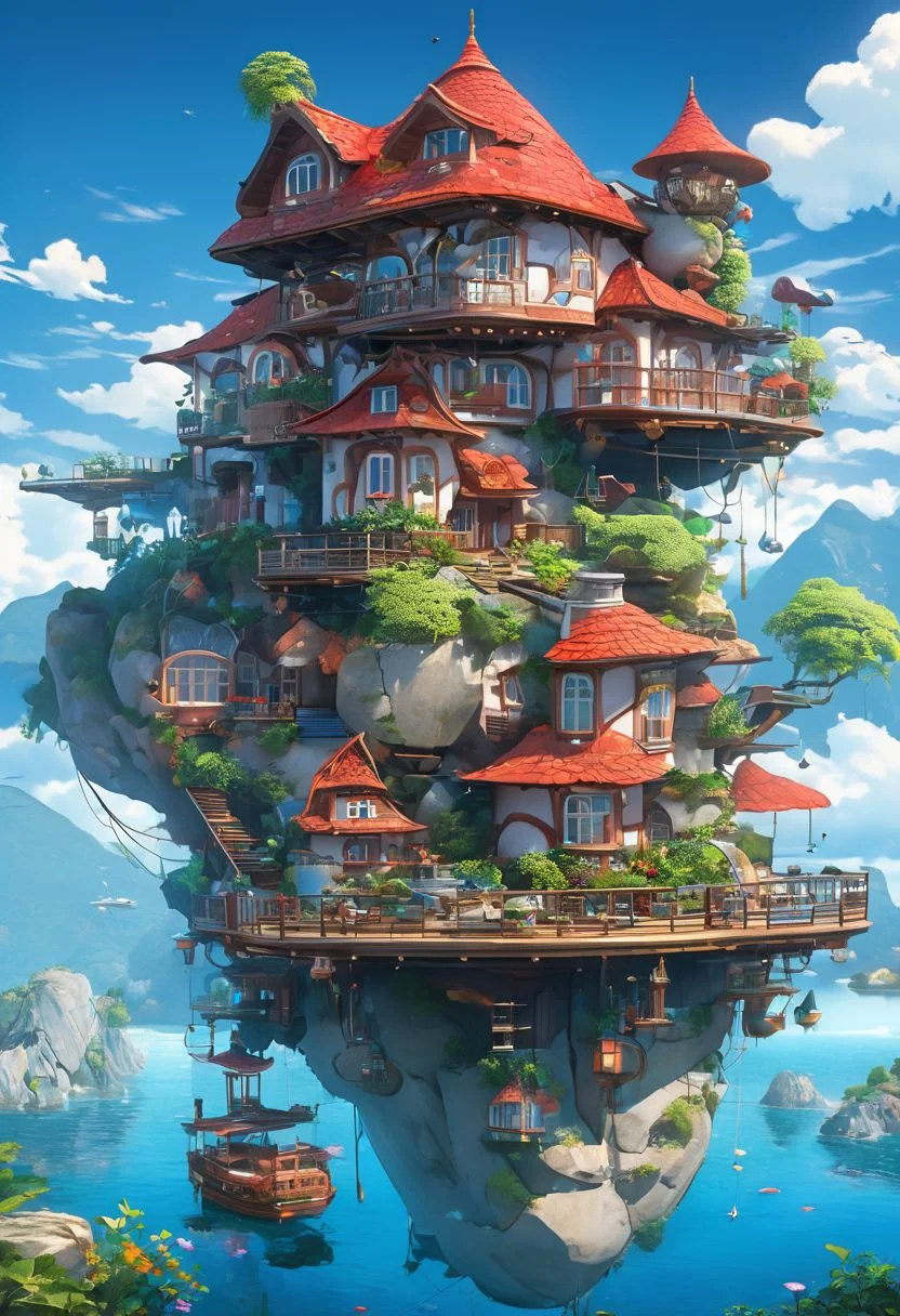 the image showcases a whimsical and intricately designed house that appears to be floating above the water. the house has multiple levels, with a prominent red-tiled roof, multiple windows, and various decorative elements. there are antennas, a satellite dish, and other technological devices attached to the house. the house is surrounded by a deck with seating, plants, and a table. below the house, there's a large rock formation that supports the house. the backdrop is a serene blue sky with fluffy white clouds.