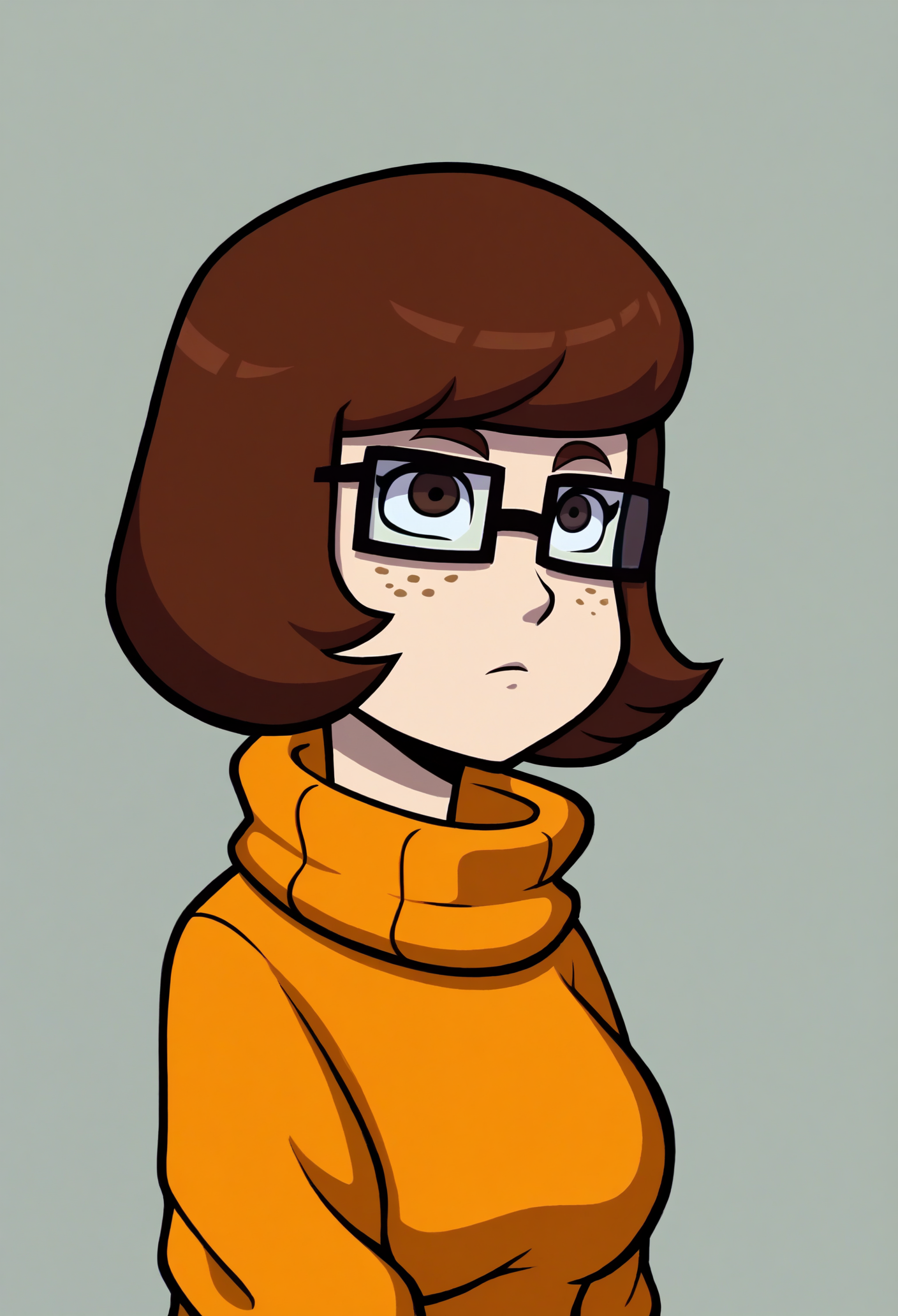 1girl, solo, portrait, sweater, velma dinkley, brown hair, brown eyes, orange sweater, freckles, 
<lora:deponia-guy90-Pony-LoraV101:1>, ainped