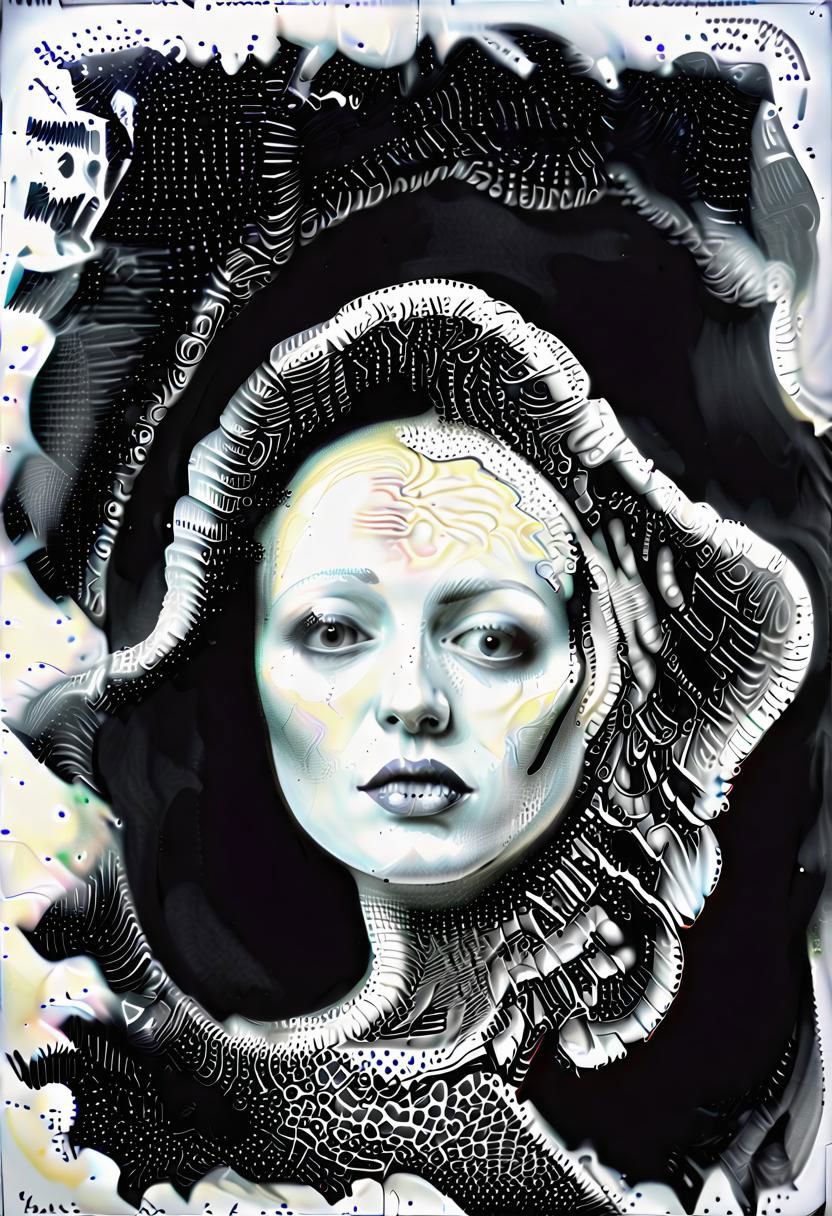 raw sketch of interwoven concrete cement pebbles cob cobblestone shell fishscales snakeskin, by Hans Bellmer, by Malevitch, by Kandinsky, Surreal psychedelic bizarre, psychedelic hallucination, pop surrealism, rough crosshatch drawing pop art Lunatic_Portrait of a young woman in latex Avant-garde Fashion page, slick back, low bun, black makeup, sinister expression, intense glare, (melting flesh covered in moss, rot, mold, bubbles, droplets:1.5), avant-garde, abstract, weird, geometric, constructivism, suprematism, rayonism, verticism, lineism, tj