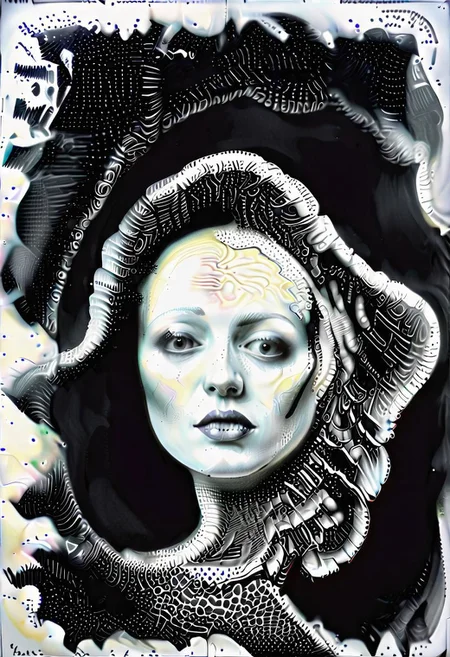 raw sketch of interwoven concrete cement pebbles cob cobblestone shell fishscales snakeskin, by Hans Bellmer, by Malevitch, by Kandinsky, Surreal psychedelic bizarre, psychedelic hallucination, pop surrealism, rough crosshatch drawing pop art Lunatic_Portrait of a young woman in latex Avant-garde Fashion page, slick back, low bun, black makeup, sinister expression, intense glare, (melting flesh covered in moss, rot, mold, bubbles, droplets:1.5), avant-garde, abstract, weird, geometric, constructivism, suprematism, rayonism, verticism, lineism, tj