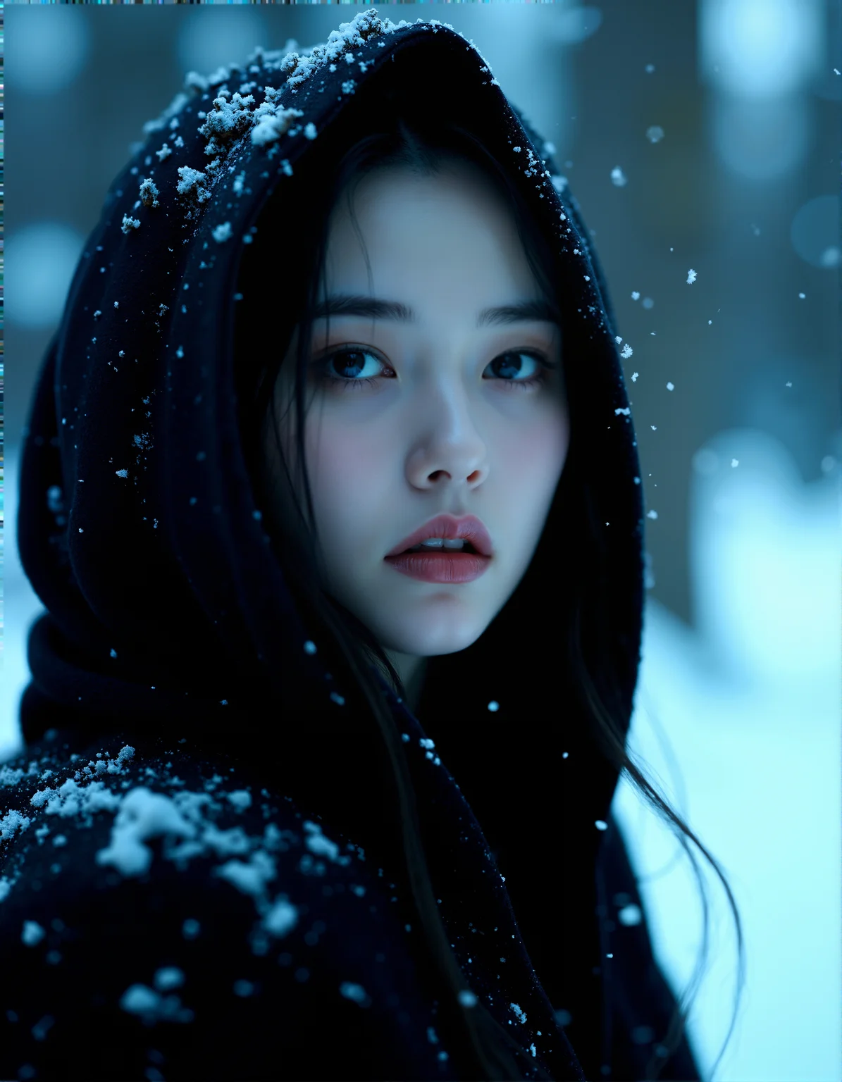Photorealistic close-up of a mysterious woman in a dark, snow-dusted cloak, her pale skin and pink lips standing out against the cold, wintry background, with her eyes reflecting the soft light of the snow-covered landscape
cinematic lighting, extremely intricate detail character, accurate depiction of character, correct body anatomy, correct hands and fingers, extremely intricate skin and facial skin texture detail, lifelike potrayal, extremely realistic lighting, extreme dynamic pose. Extremely sharp detail without blurring