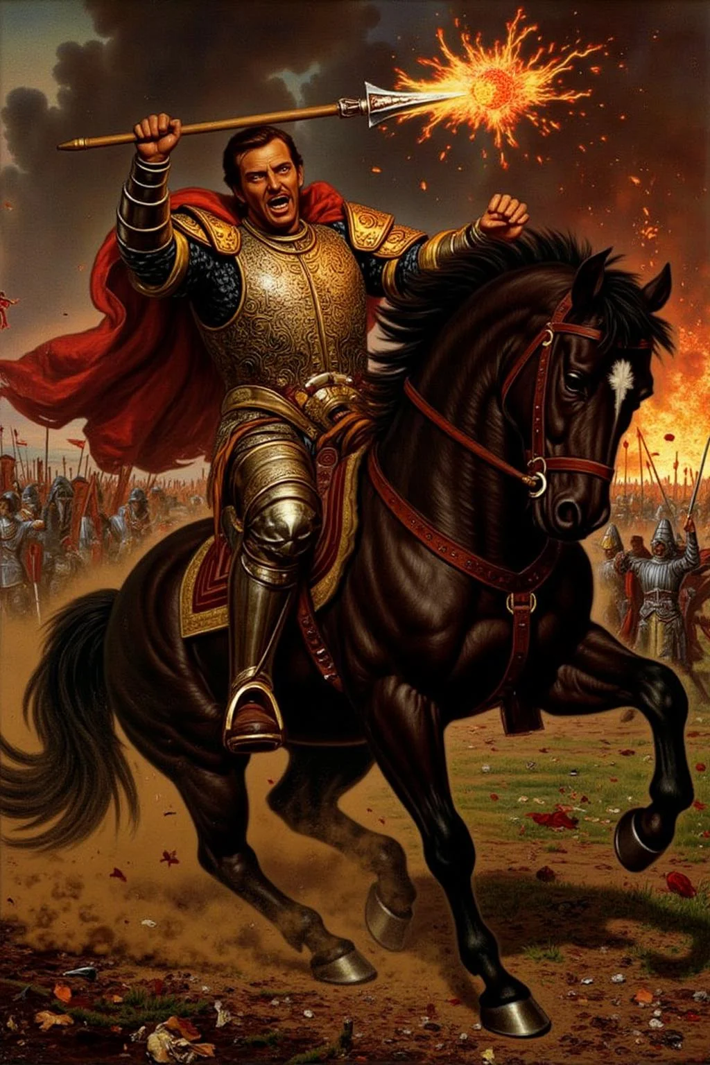 williamhhunt1 painting.
A highly detailed and dynamic fantasy painting of a fierce warrior charging into battle on a powerful black horse. The warrior is clad in intricate, ornate armor with gold and red accents, wielding a flaming spear in one hand. His face is expressive with rage and determination, his eyes glowing red. The horse is armored, rearing up amidst a storm of dust, sparks, and debris. The background is chaotic with the suggestion of a fiery battlefield and distant silhouettes of warriors. The overall atmosphere is intense and dramatic, with vibrant colors and a sense of motion and energy. Painted in the style of classical epic battle art with vivid realism and texture <lora:williamhhunt1_cap_d6a3e9:1.0><lora:838089024724802822:0>