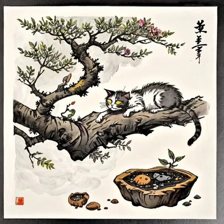 <lora:Ath_ink-painting_XL:1>,ink-painting,ink anf wash,painting \(medium\),traditionalmedia,watercolor\(medium\),A bonsai like tree with a cat sleeping under it,<lora:Munteanu_style:0.8>,till Eulenspiegel,by Val Munteanu,Val Muntenau illustration,, (masterpiece, best quality, high quality, highres, ultra-detailed),
