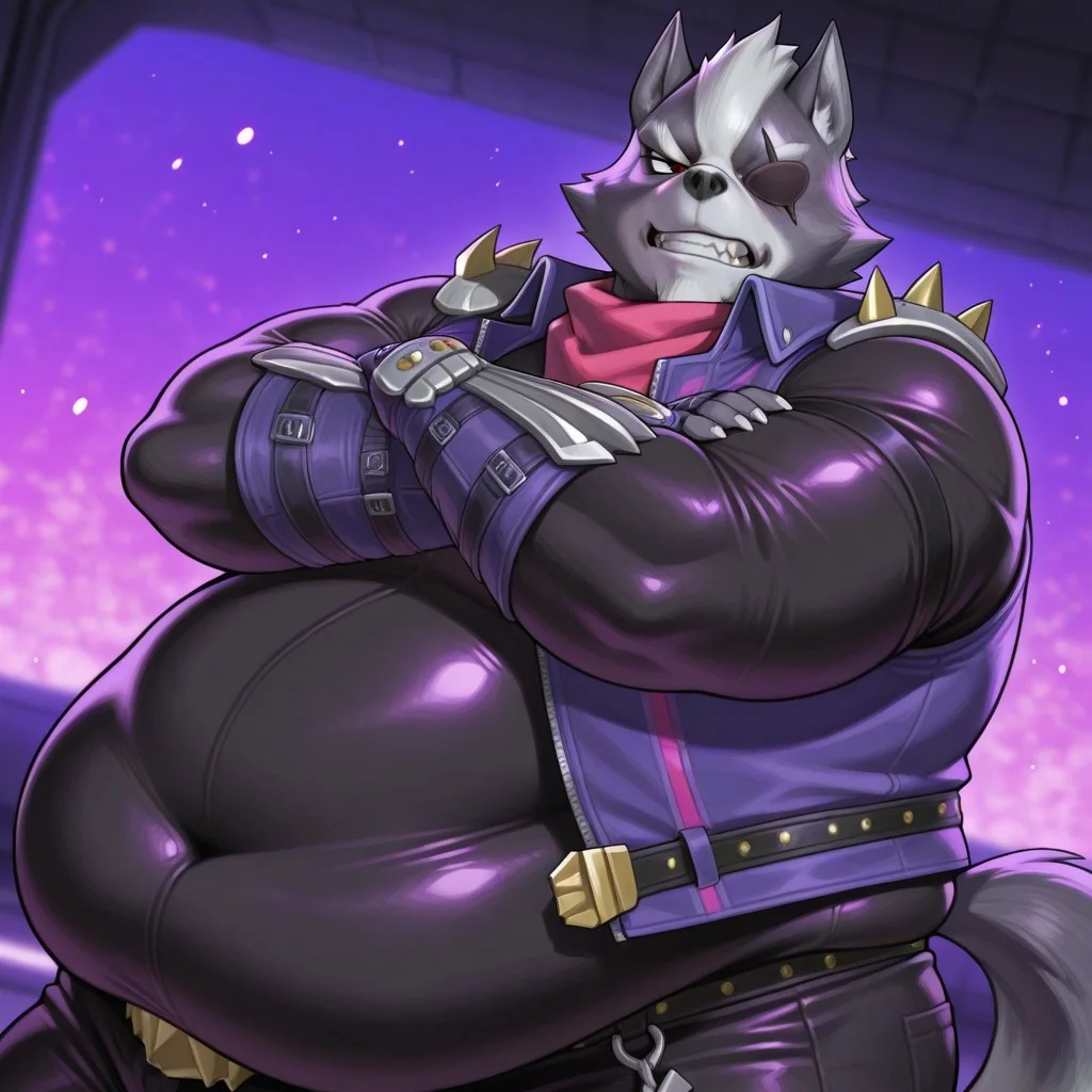 masterpiece, best quality,amazing quality, black outline, in spaceship, purple light, particles, blurred background, side angle, dynamic angle, solo, Wolf O'Donnell, Red Eye, Eyepatch On Right Eye, Pink Kerchief, Purple Sleeveless Jacket, Black Bodysuit, Purple Fingerless Gloves, Gold Buckle, looking at viewer, half closed eye, clenched teeth, anthro, mature male, arms crossed,morbidly obese