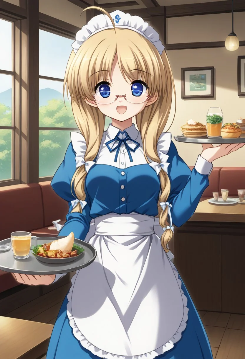 1girl, solo, yukiponeleeyes, blonde hair, long hair, low twintails, low-tied long hair, hair ribbon, ahoge, blue eyes, glasses, rimless eyewear, maid headress, blue dress, long sleeves, waist apron, indoors, restaurant, cowboy shot, holding, tray, waitress, open mouth, smile