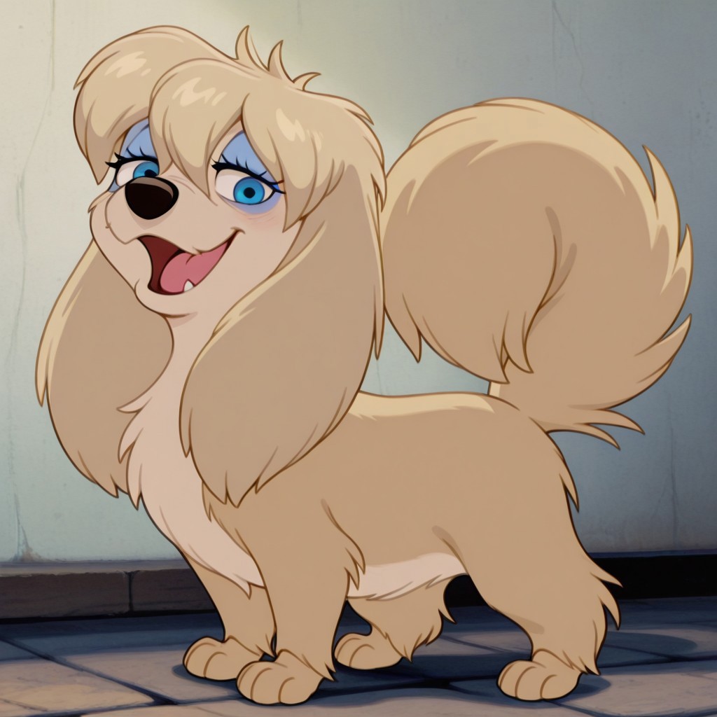 peg, female, dog, disney, blonde fur, long ears, light blonde belly, blue eyes, blue eyeshadow, bangs, hair tuft, BREAK score_9, score_8, score_7, no humans, (((full body))), standing, solo, female, feral, hight definition, hyper detailed, best quality, amazing quality, 1girl, cute, cute smile, cute pose, 8k, masterpiece, looking at viewer BREAK dancing, quadruped, happy, friendly, adorable, expressive eyes, sweet, smiling, sassy, open mouth, half-open eyes, outside, (((no shadows))), (((light background))), smug, flirty, playful, (((no walls)))