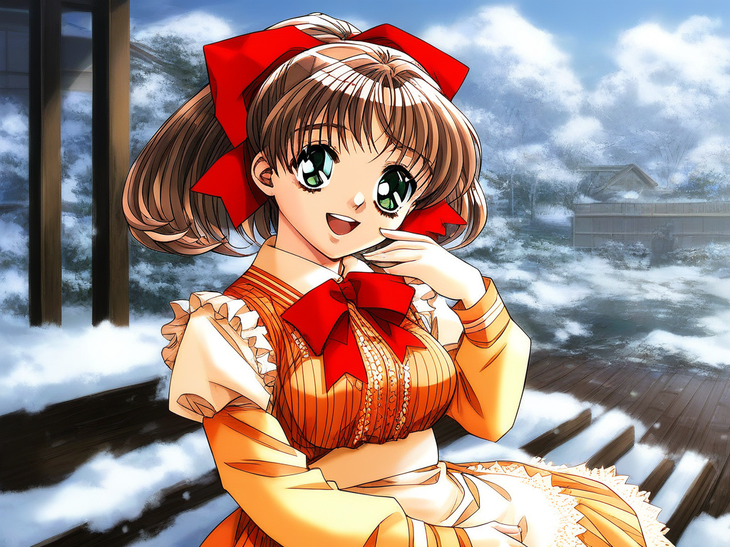 score_9, score_8_up, score_7_up, source_anime, rating_explicit, BREAK <lora:Sunohara_Suzuha_XL:1> Sunohara_Suzuha, brown hair, green eyes, red bow, hair bow, medium hair, ponytail, medium breasts,
1girl, solo, snow, sitting, dress, open mouth, smile, long sleeves, looking at viewer, holding
