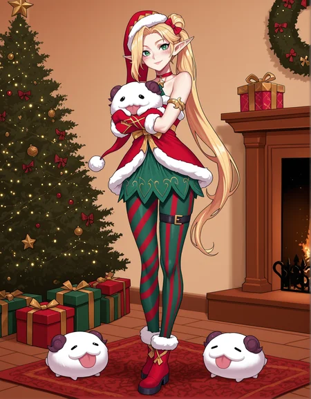 masterpiece,best quality, absurdres, highres, <lora:Elf Jinx Illu 2:0.9> elfjinxillu, santa costume, santa hat, red choker, asymmetrical gloves, armlet, asymmetrical pantyhose, red boots, striped, freckles, hair bow, looking at viewer, christmas tree, standing, holding, present, thigh strap, poro, holding animal, happy